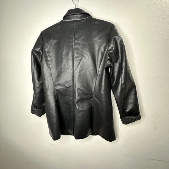 Black Leatherette 2-Button Narrow Lapel Welt Pockets Button Sleeve Blazer Medium - Picture 3 of 11